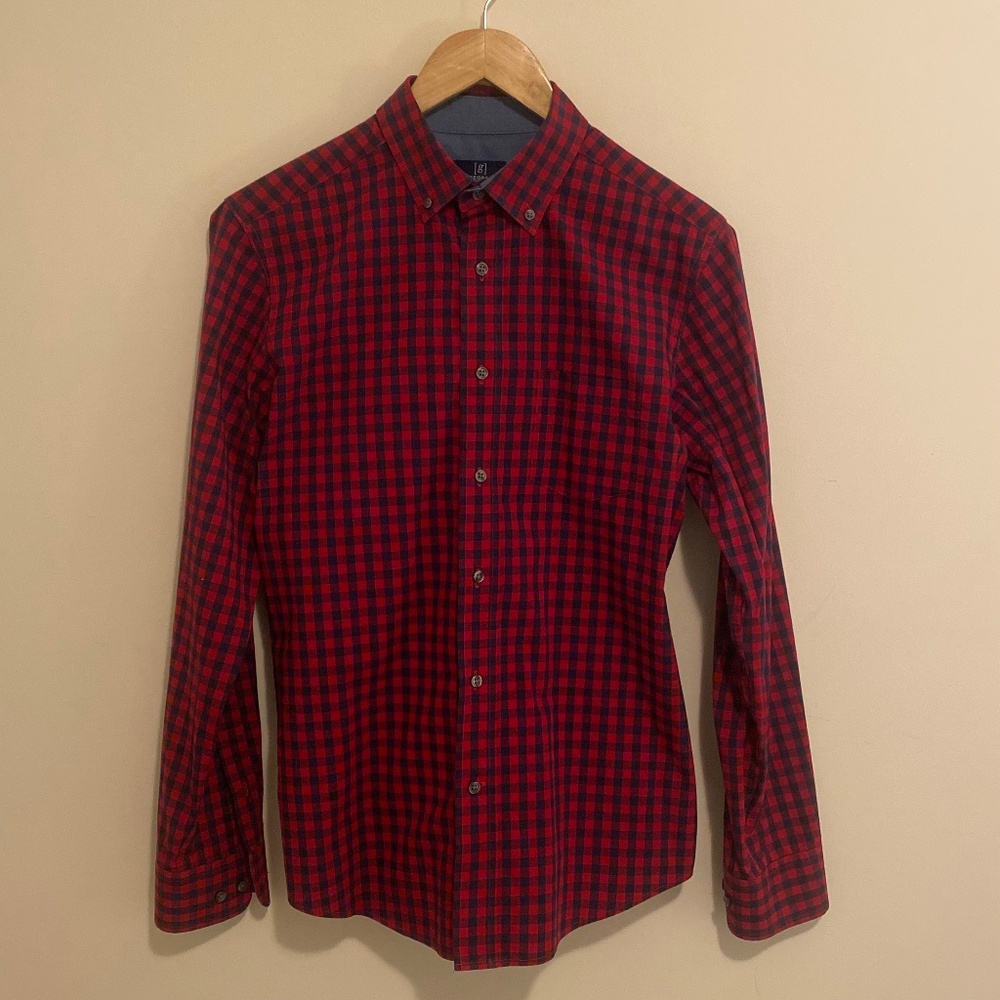 George Men’s Long Sleeve Button Down Poplin Shirt Classic Size 34-36 Blue Red